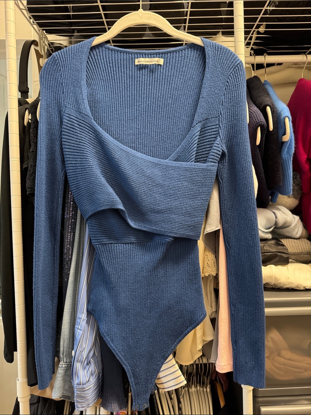 Abercrombie & Fitch Blue Ribbed Wrap Sweater Bodysuit Top